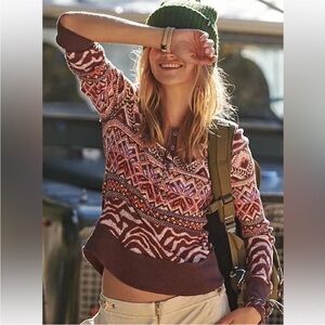 Like new Free People ribbed Rally Henley brown and pink layer sweater top
